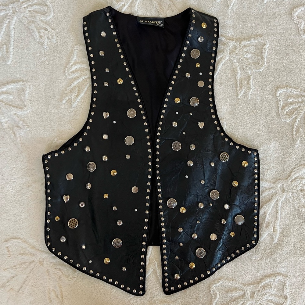 St. Maarten Dallas Black Leather Embellished Studded Black Vest Size S/M